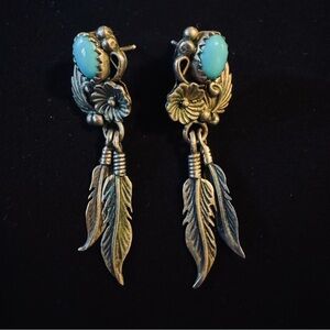 Vintage Silver & Turquoise Feather Drop Earrings